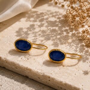 Lacivert Doğal Taşlı Gold Küpe