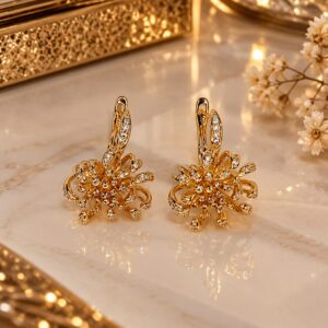Severya Xuping Gold Çiçek Detaylı Taşlı Küpe